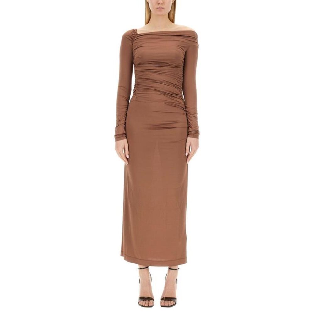 HELMUT LANG Asymmetrical Ruched Maxi Dress Women Beige Dresses - Picture 1 of 4